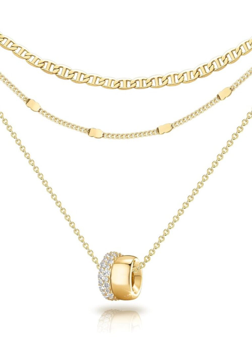 Layered CZ Rondelle Pendant Necklaces for Women, 14K Gold Plated Trendy Mariner